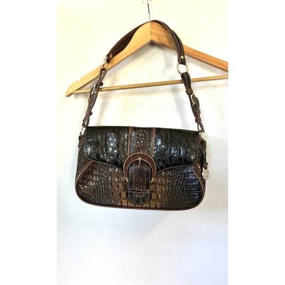 Brahmin Croc-Embossed Leather Large Buckle Flap Shoulder Bag Brown - Picture 2 of 16
